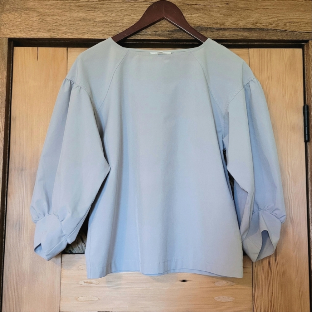 Prologue Grey Gray Silver Blue Bat Wing Puff Sleeve Minimalist Blouse Shirt -S